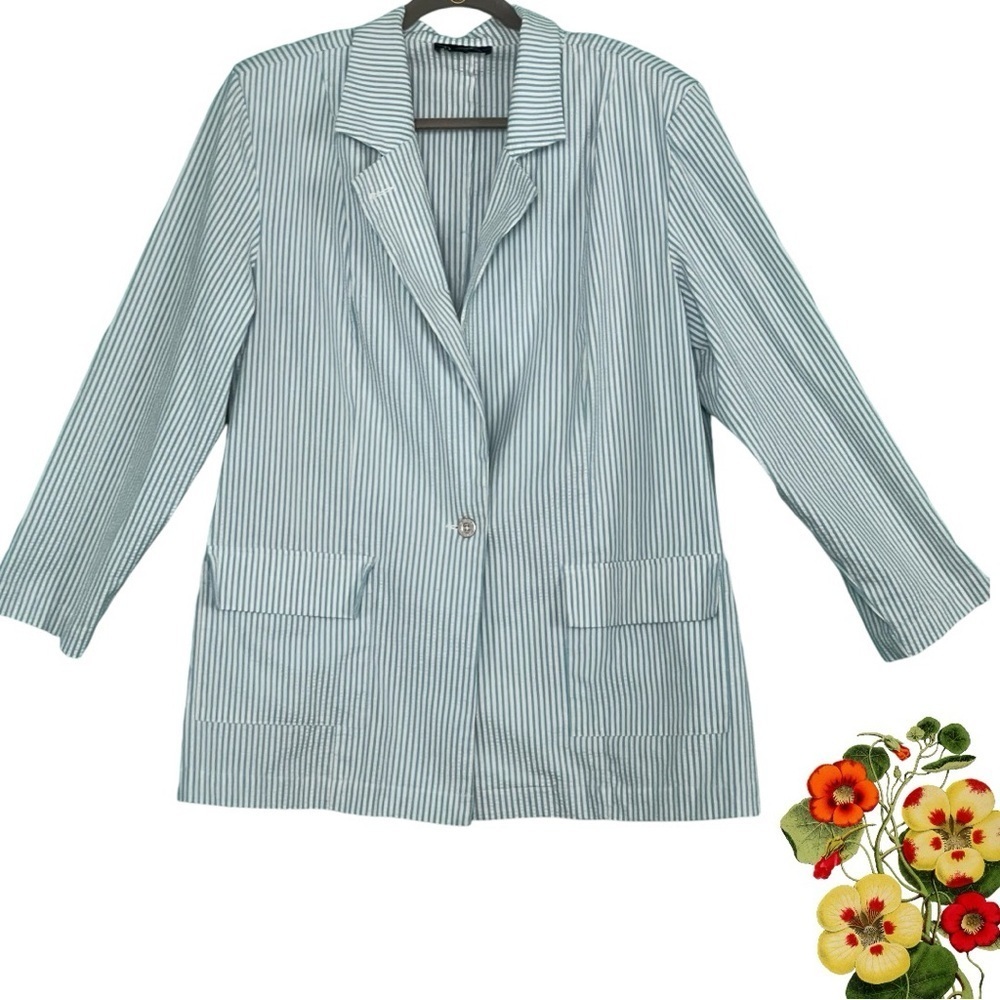Denim & Co. blazer size 2X/3X blue seersucker button front with collar